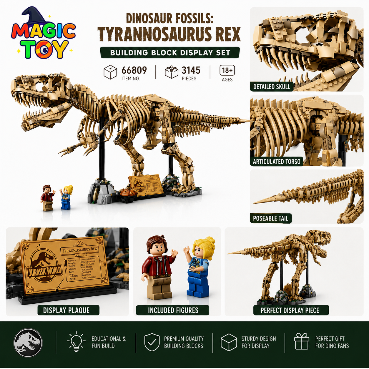 لگو فسیل دایناسور تیرانوسوروس رکس مدل 66809 | ست ساختنی اسکلت T-Rex با 3145 قطعه
