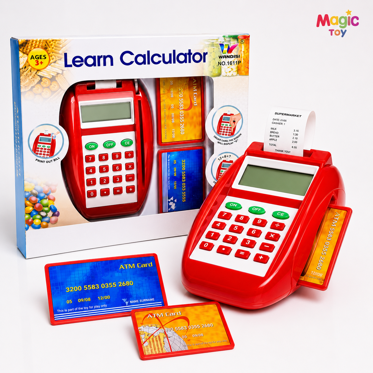 دستگاه کارتخوان موزیکال باتری‌خور مدل 1611 | کارتخوان اسباب‌بازی Learn Calculator با کارت بانکی و رسید چاپی