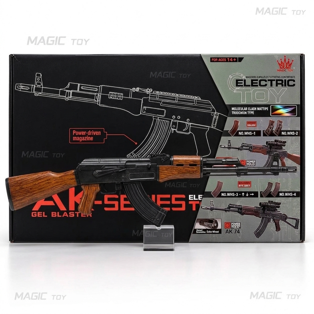 تفنگ تیر ژله ای شارژی الکترونیکی AK-47 مدل خشاب برقی (طرح چوب قهوه‌ای)