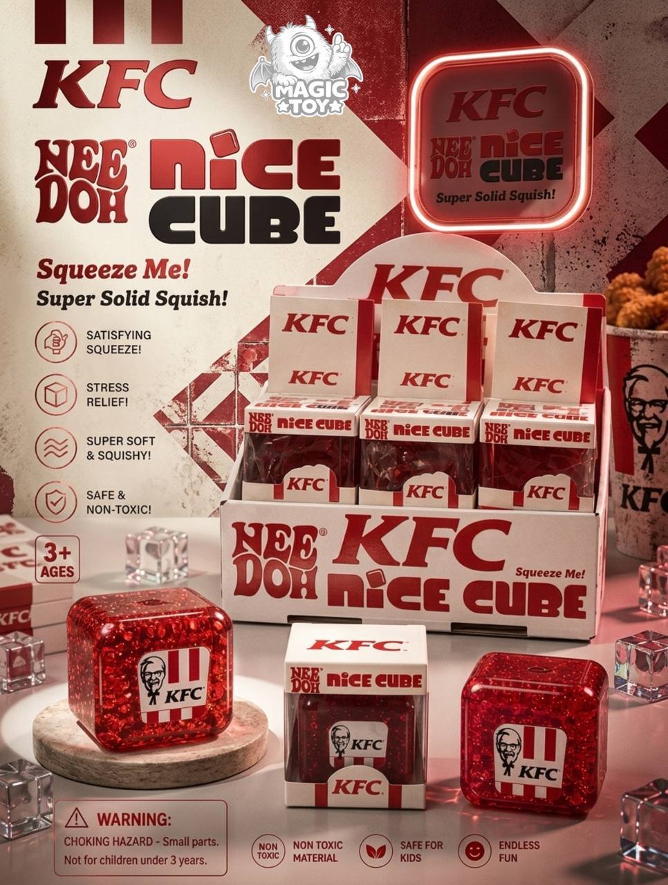 فیجت ضد استرس نیدو مکعبی کی اف سی مدل KFC NeeDoh NICE CUBE (ژله‌ای ژلاتینی متراکم قرمز با لوگوی سرهنگ ساندرز)