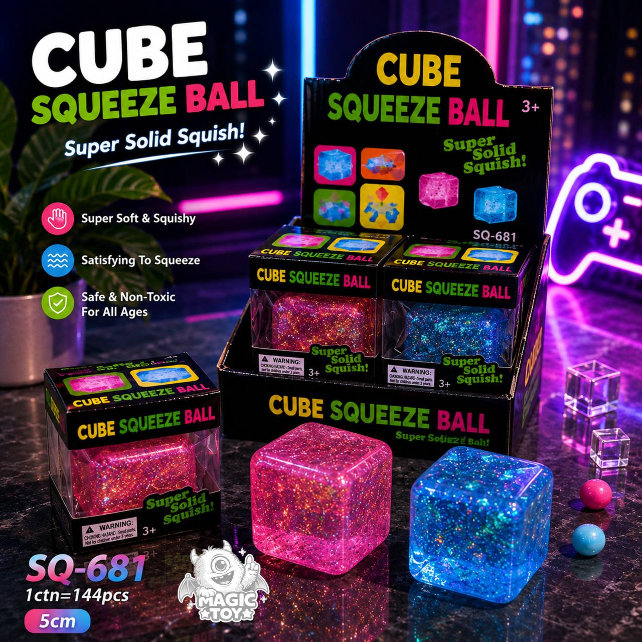 فیجت ضد استرس نیدو مکعبی یخی اکلیلی ۵ سانتی مدل CUBE SQUEEZE BALL کد SQ-681 (ژله‌ای ژلاتینی متراکم)