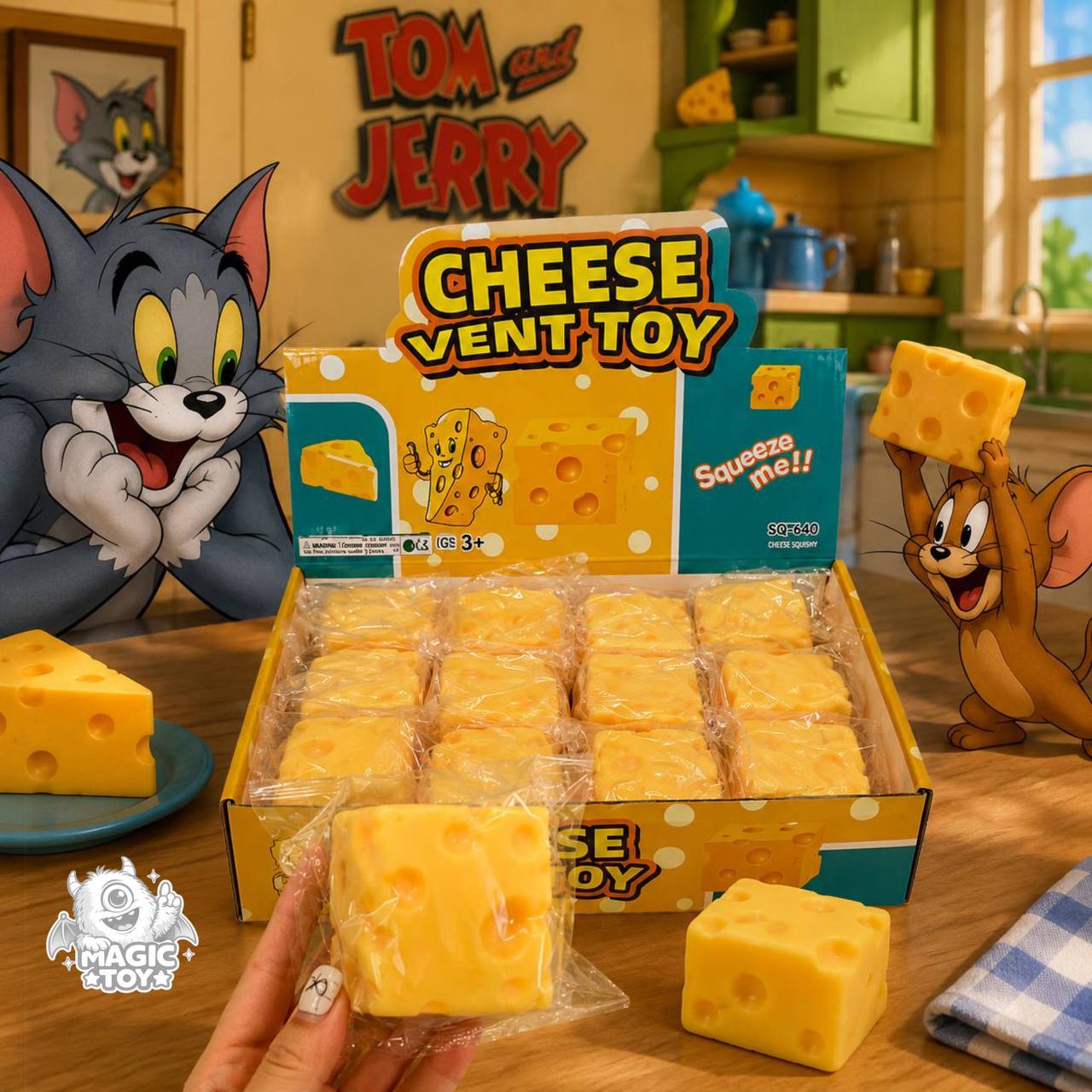 فیجت ضد استرس پنیر تام و جری خامه‌ای مدل CHEESE VENT TOY کد SQ-640 (اسکوییشی نرم سوئیسی)