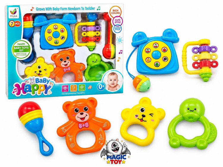 ست جغجغه و دندانگیر ۷ تکه نوزاد ایجیا مدل Baby Happy (نشکن، بدون BPA)