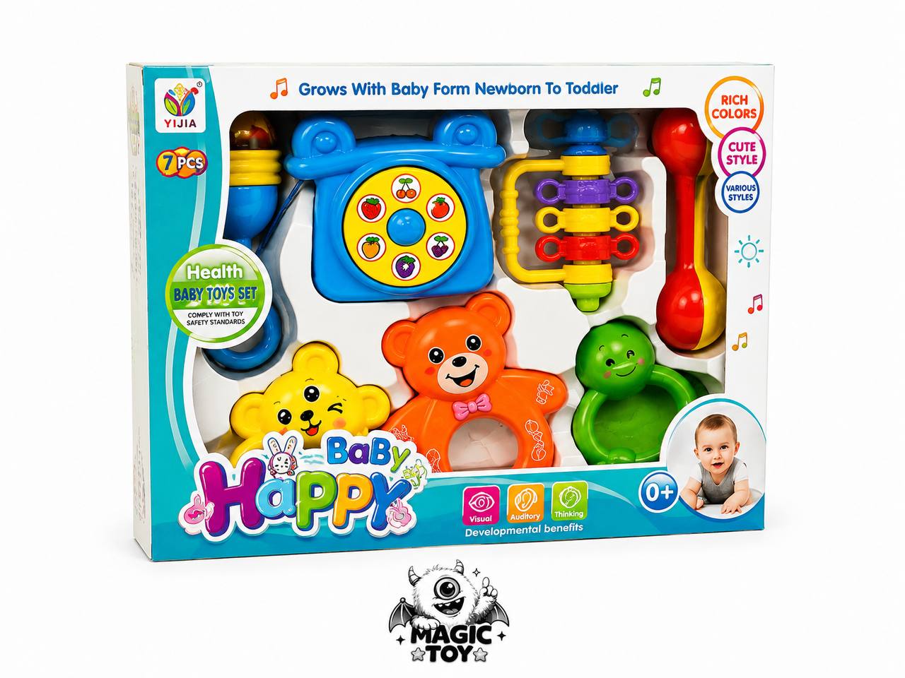 ست جغجغه و دندانگیر ۷ تکه نوزاد ایجیا مدل Baby Happy (نشکن، بدون BPA)