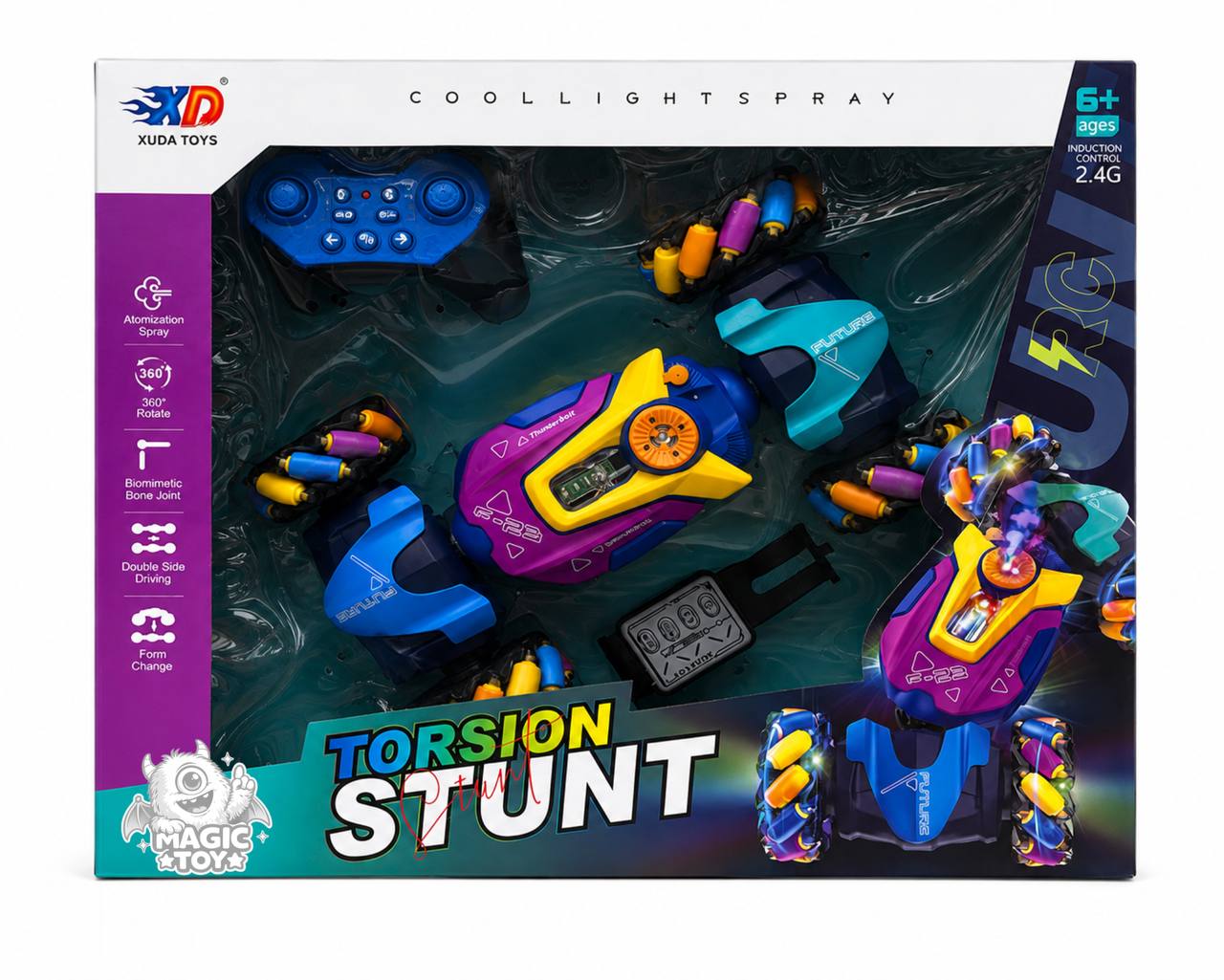 ماشین کنترلی کرمی و دیوانه‌وار ۲ ریموت مچی و دسته‌ای رنگین‌کمانی برند XUDA TOYS (بخار سرد و چرخش ۳۶۰ درجه)