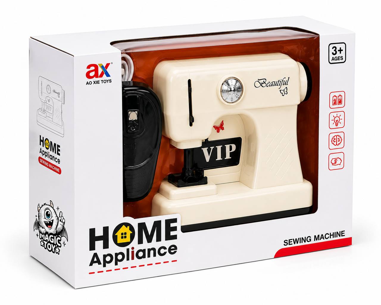 چرخ خیاطی اسباب‌بازی باتری‌خور پدال‌دار برند AO XIE کد 6910 (سری Home Appliance چراغ‌دار و ایمن)