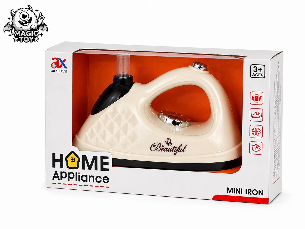 اتو اسباب‌بازی باتری‌خور موزیکال و چراغ‌دار برند AO XIE کد 6908 (سری Home Appliance با مخزن آب پاشش اسپری)