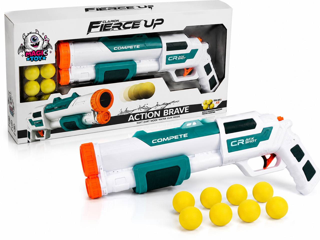 تفنگ دولول دو حالته پرتاب توپ فومی و آبپاش CLARION مدل FIERCE UP کد 63_648 (شات‌گان پمپی با ۸ تیر اسفنجی EVA)