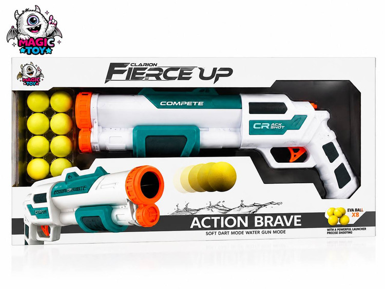 تفنگ دولول دو حالته پرتاب توپ فومی و آبپاش CLARION مدل FIERCE UP کد 63_648 (شاتگان پمپی با ۸ تیر اسفنجی EVA)