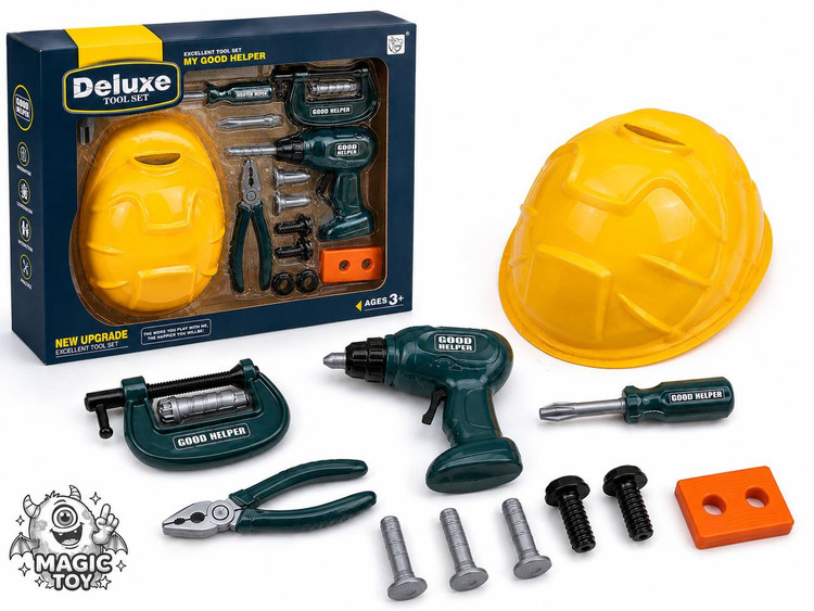 ست ابزار نجاری و مهندسی کودک با کلاه ایمنی و دریل مکانیکی کد 3288 (سری Deluxe Tool Set با انبردست، گیره و اره)