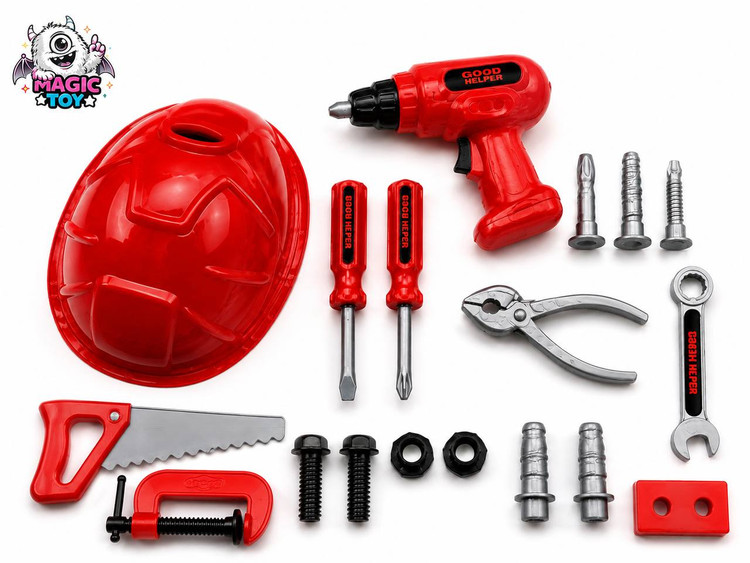 ست ابزار نجاری و مهندسی کودک با کلاه ایمنی و دریل مکانیکی کد 3288 (سری Deluxe Tool Set با انبردست، گیره و اره)
