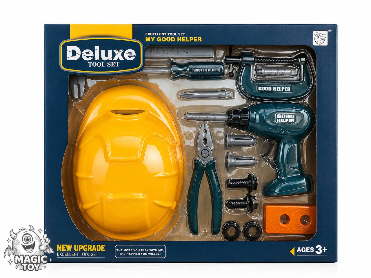 ست ابزار نجاری و مهندسی کودک با کلاه ایمنی و دریل مکانیکی کد 3288 (سری Deluxe Tool Set با انبردست، گیره و اره)