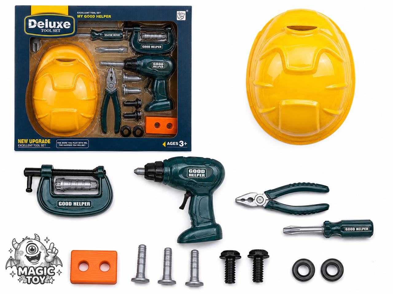 ست ابزار نجاری و مهندسی کودک با کلاه ایمنی و دریل مکانیکی کد 3288 (سری Deluxe Tool Set با انبردست، گیره و اره)