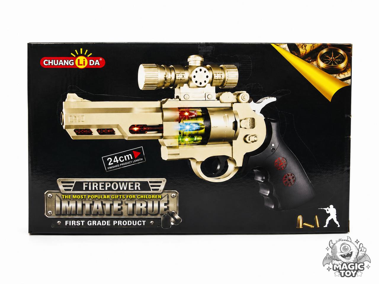 تفنگ هفت تیر موزیکال و چراغ‌دار رولور طلایی برند CHUANG LI DA کد 1_818 (سری Firepower با چرخش گلوله و افکت صوتی)