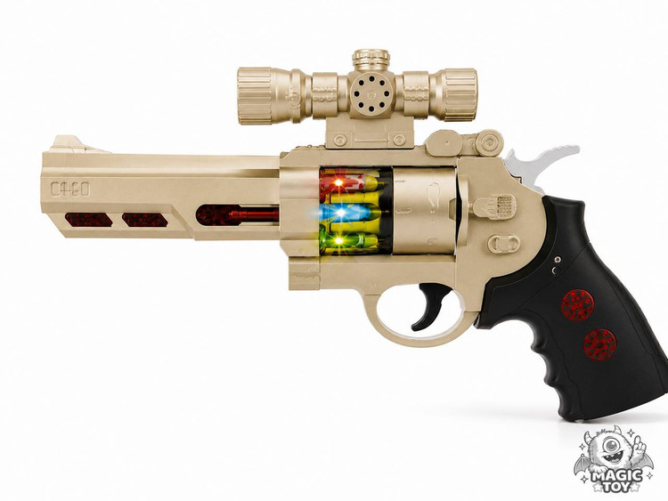 تفنگ هفت تیر موزیکال و چراغدار رولور طلایی برند CHUANG LI DA کد 1_818 (سری Firepower با چرخش گلوله و افکت صوتی)