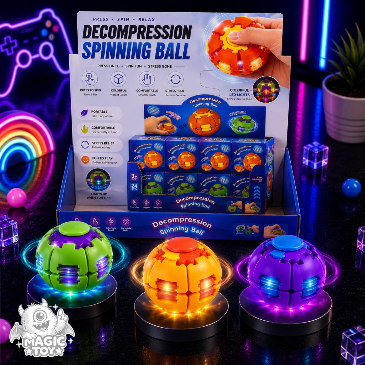 فیجت اسپینر بال چراغ‌دار و تاشو مدل Decompression Spinning Ball (ضد استرس فشاری و دیسکی چرخشی با LED)