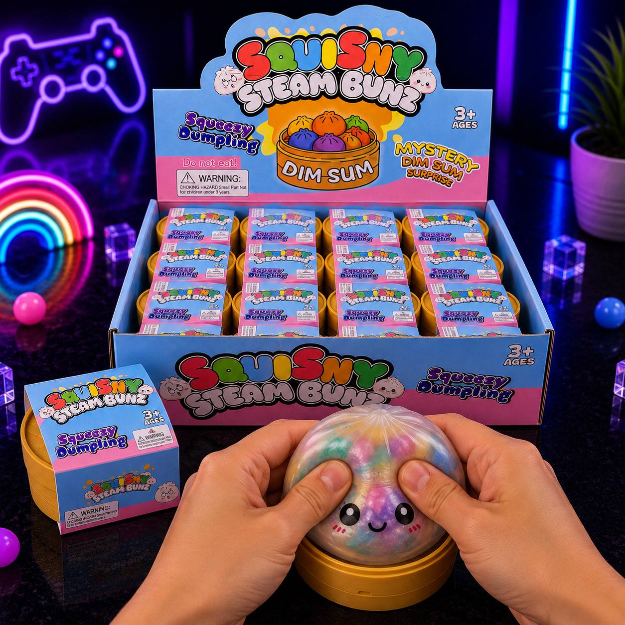 فیجت و اسکوییشی دامپلینگ توپی رنگین کمانی ۵.۵ سانت مدل Squishy Steam Bunz (دانه ژله‌ای همراه با ظرف بخارپز فانتزی)