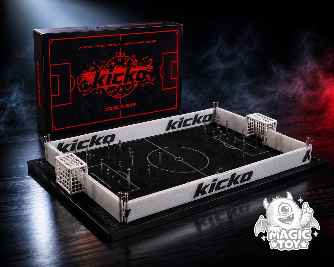بازی رومیزی دو نفره کیکو ساکر مدل KICKO Soccer (فوتبال انگشتی رومیزی پین‌دار با زمین مخمل و قاب چوبی لوکس)