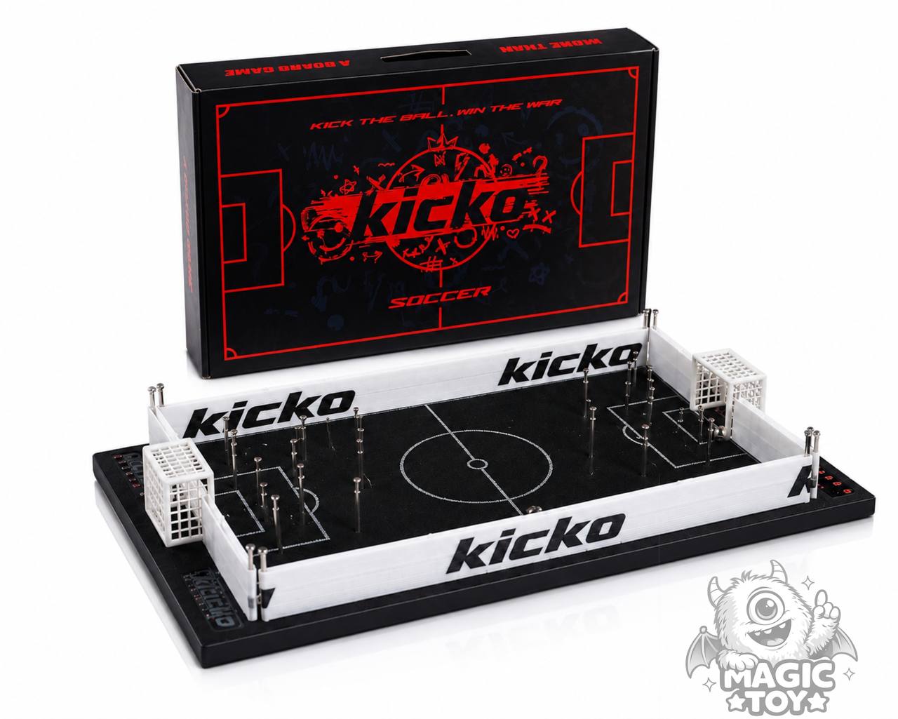 بازی رومیزی دو نفره کیکو ساکر مدل KICKO Soccer (فوتبال انگشتی رومیزی پیندار با زمین مخمل و قاب چوبی لوکس)