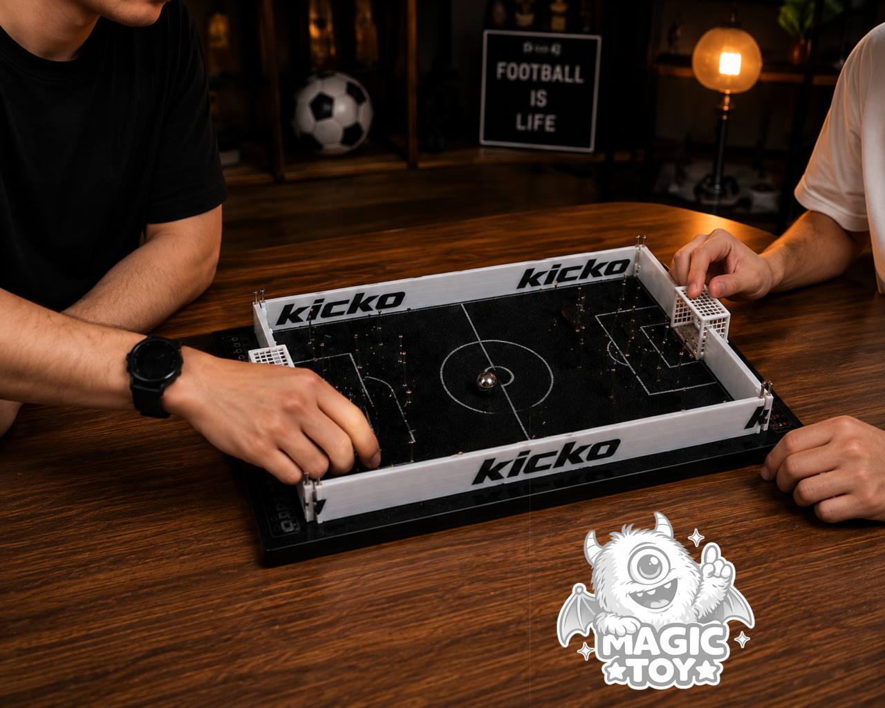 بازی رومیزی دو نفره کیکو ساکر مدل KICKO Soccer (فوتبال انگشتی رومیزی پیندار با زمین مخمل و قاب چوبی لوکس)