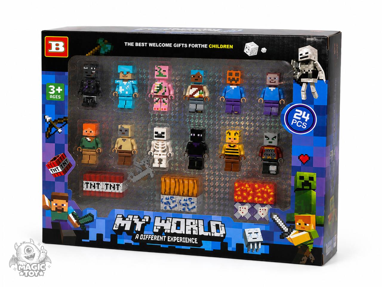 ست مینیفیگور لگویی مگنتی ۱۲ عددی ماینکرفت مدل MY WORLD کد 23202 (پک ۲۴ تکه شامل فیگورها، بلوکهای TNT، سنگ معدن و کلنگ پیکسلی)
