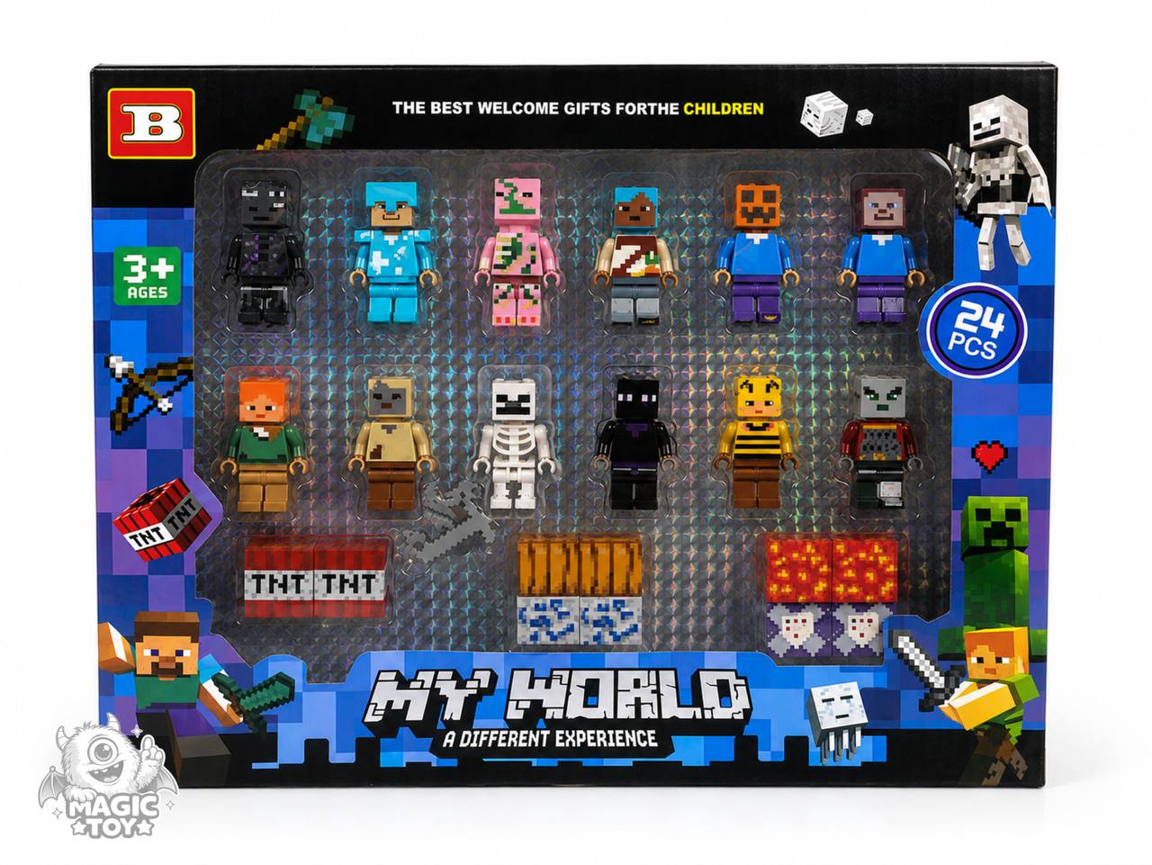 ست مینی‌فیگور لگویی مگنتی ۱۲ عددی ماینکرفت مدل MY WORLD کد 23202 (پک ۲۴ تکه شامل فیگورها، بلوک‌های TNT، سنگ معدن و کلنگ پیکسلی)