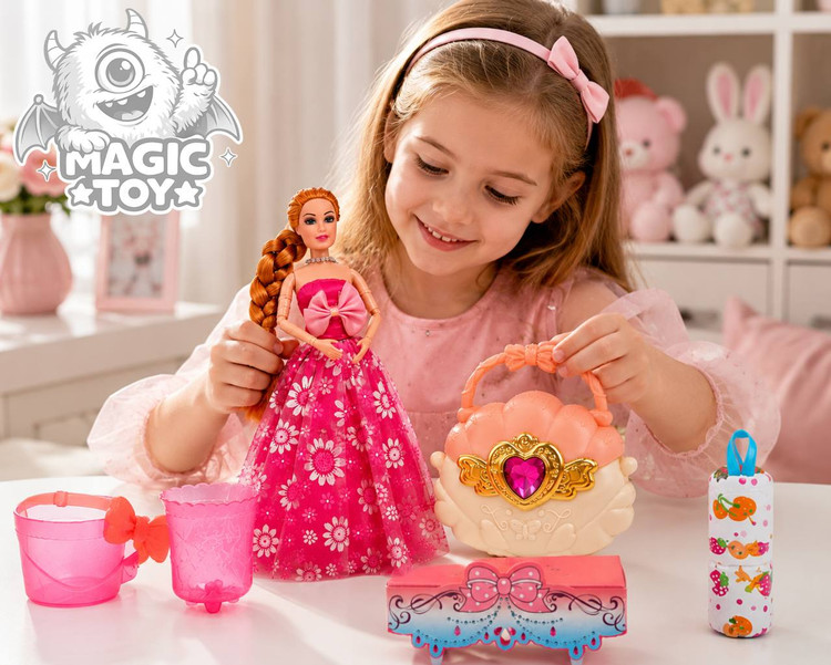 عروسک باربی پرنسس مفصلی با لباس مجلسی پفدار و ست کیف نگیندار کد 3201 (سری Fashion Lovely Gift به همراه اکسسوری)