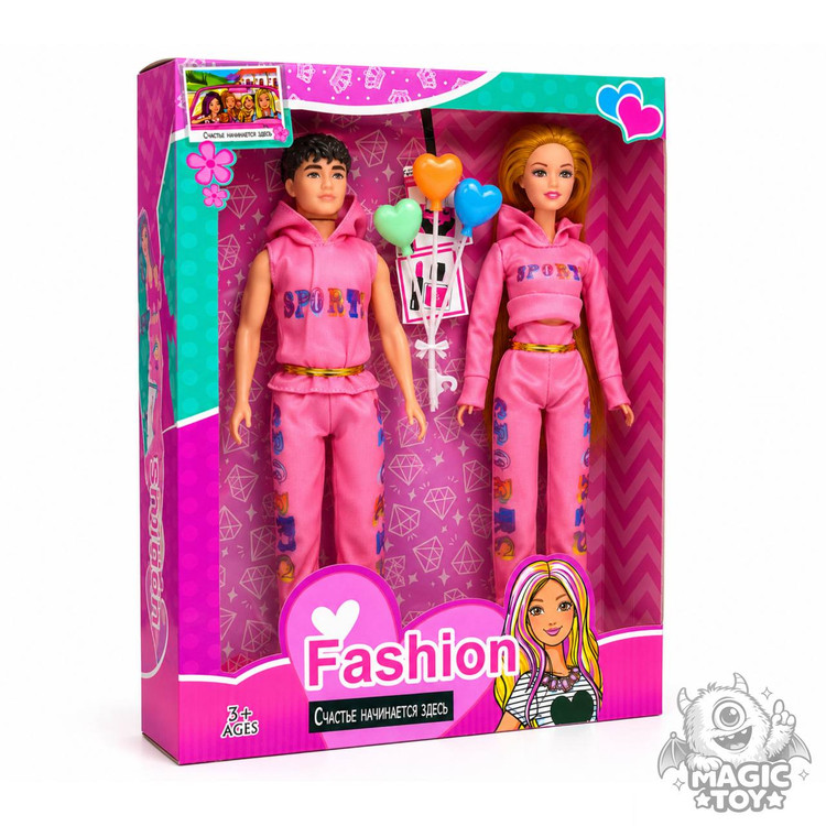 ست عروسک باربی زن و مرد (باربی و کِن) لباس ست اسپرت کد 5_8022 (سری Fashion با هودی صورتی و بادکنک قلبی)