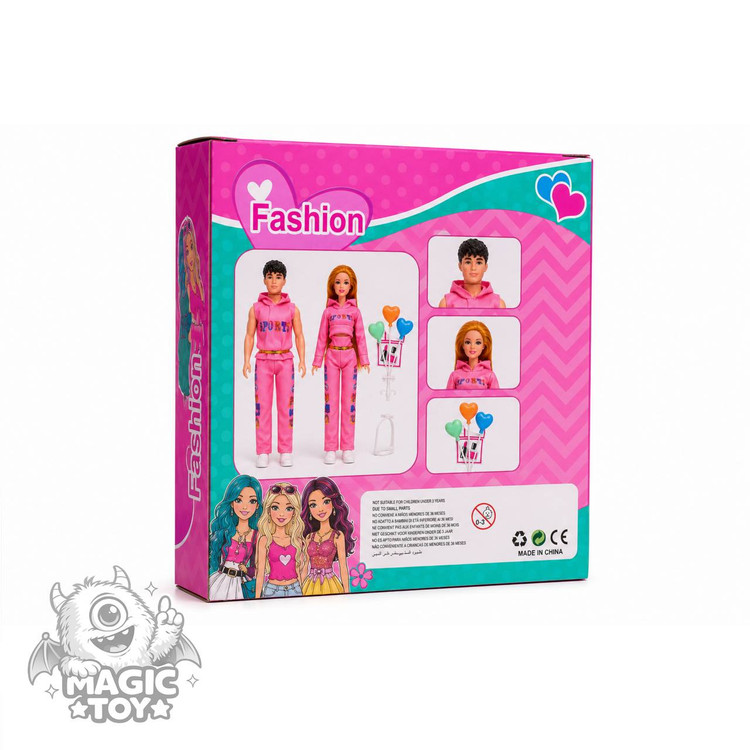 ست عروسک باربی زن و مرد (باربی و کِن) لباس ست اسپرت کد 5_8022 (سری Fashion با هودی صورتی و بادکنک قلبی)