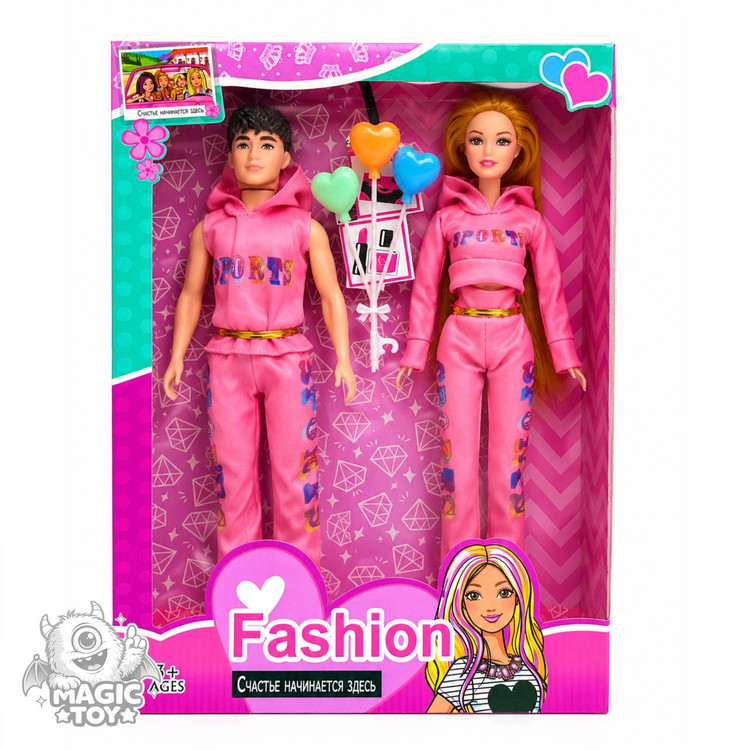 ست عروسک باربی زن و مرد (باربی و کِن) لباس ست اسپرت کد 5_8022 (سری Fashion با هودی صورتی و بادکنک قلبی)