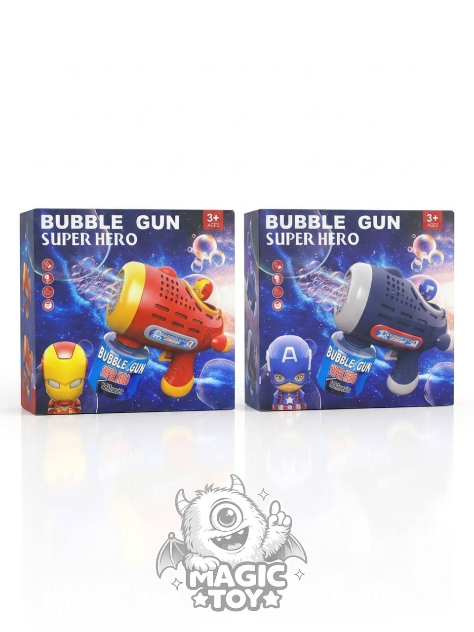 تفنگ حبابساز اتوماتیک خشابخور طرح مارول مدل BUBBLE GUN SUPER HERO کد 6707 (طرحهای مرد آهنی و کاپیتان آمریکا با فیگور متحرک، مخزن مایع پیچی و تولید انبوه حباب)