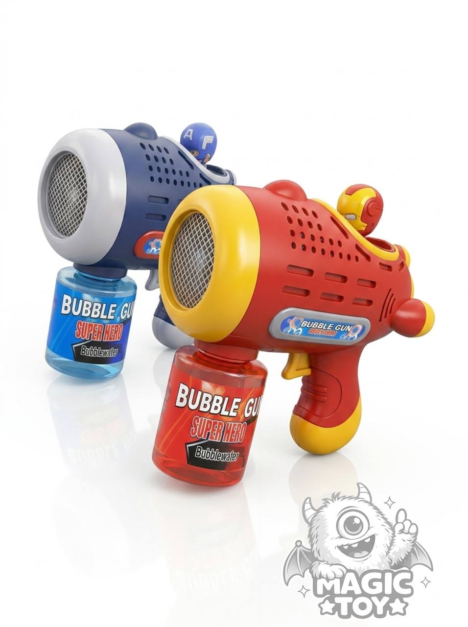 تفنگ حبابساز اتوماتیک خشابخور طرح مارول مدل BUBBLE GUN SUPER HERO کد 6707 (طرحهای مرد آهنی و کاپیتان آمریکا با فیگور متحرک، مخزن مایع پیچی و تولید انبوه حباب)