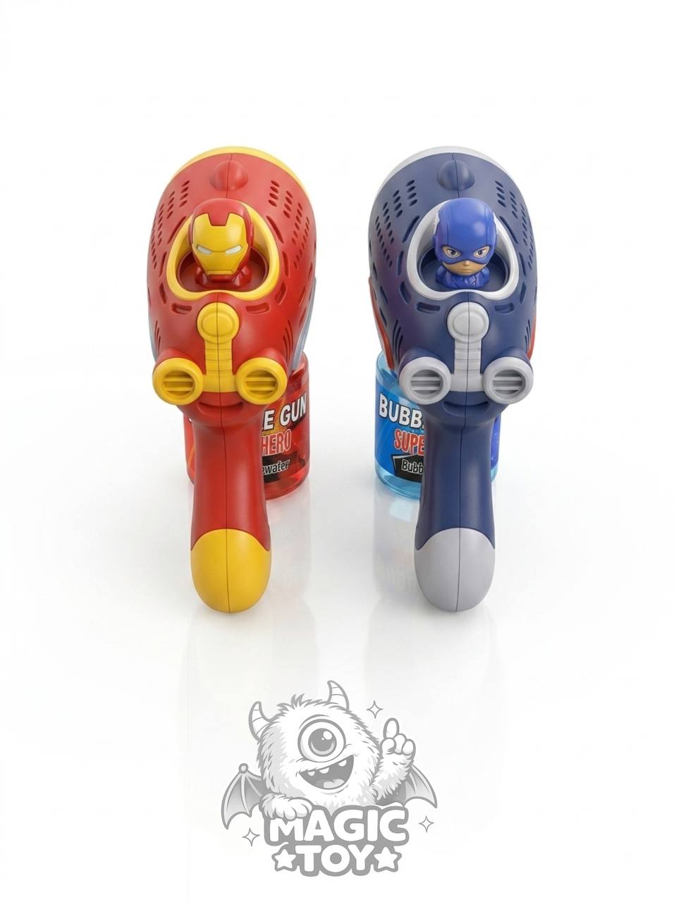 تفنگ حبابساز اتوماتیک خشابخور طرح مارول مدل BUBBLE GUN SUPER HERO کد 6707 (طرحهای مرد آهنی و کاپیتان آمریکا با فیگور متحرک، مخزن مایع پیچی و تولید انبوه حباب)