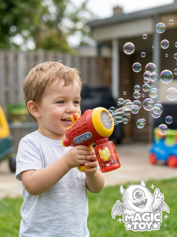تفنگ حبابساز اتوماتیک خشابخور طرح مارول مدل BUBBLE GUN SUPER HERO کد 6707 (طرحهای مرد آهنی و کاپیتان آمریکا با فیگور متحرک، مخزن مایع پیچی و تولید انبوه حباب)