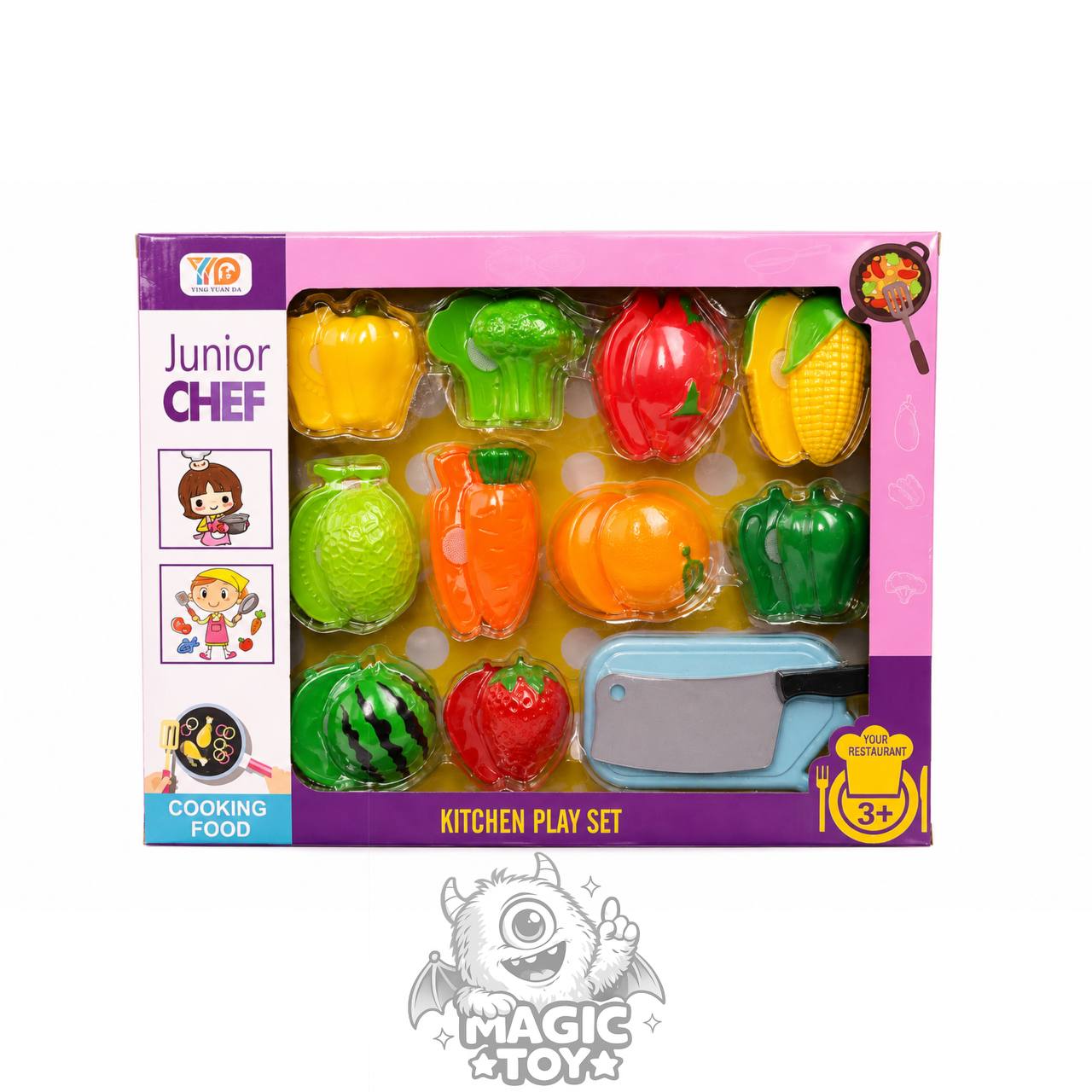 ست میوه و سبزیجات برشی جعبه‌ای مدل Junior Chef کد 095 (۱۰ مدل میوه و صیفی‌جات قاچ‌شونده چسبی به همراه ساطور سرآشپز و تخته برش)