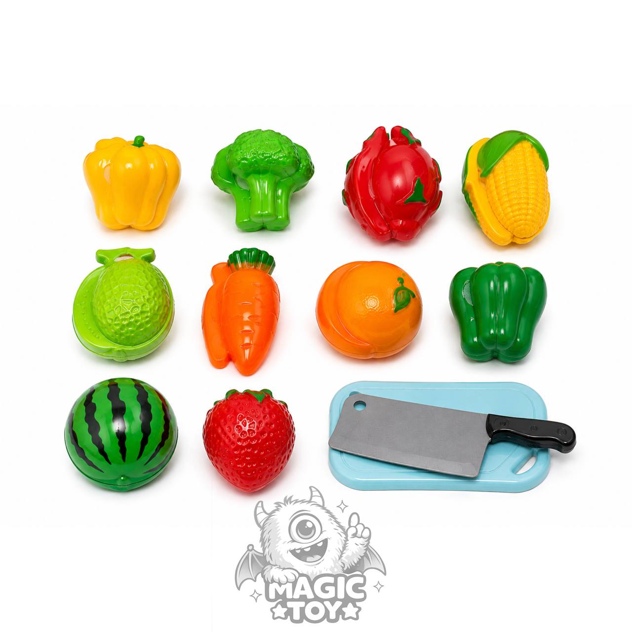 ست میوه و سبزیجات برشی جعبهای مدل Junior Chef کد 095 (۱۰ مدل میوه و صیفیجات قاچشونده چسبی به همراه ساطور سرآشپز و تخته برش)