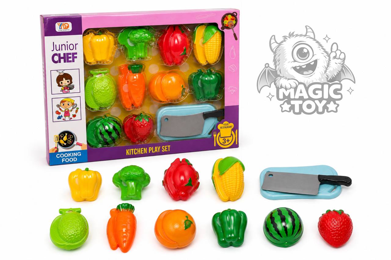 ست میوه و سبزیجات برشی جعبهای مدل Junior Chef کد 095 (۱۰ مدل میوه و صیفیجات قاچشونده چسبی به همراه ساطور سرآشپز و تخته برش)