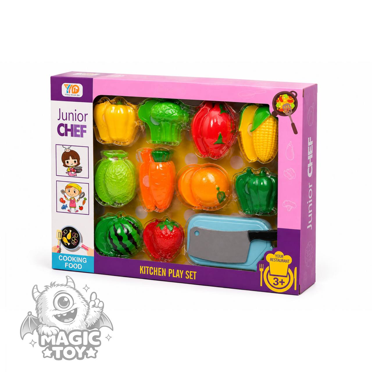 ست میوه و سبزیجات برشی جعبهای مدل Junior Chef کد 095 (۱۰ مدل میوه و صیفیجات قاچشونده چسبی به همراه ساطور سرآشپز و تخته برش)