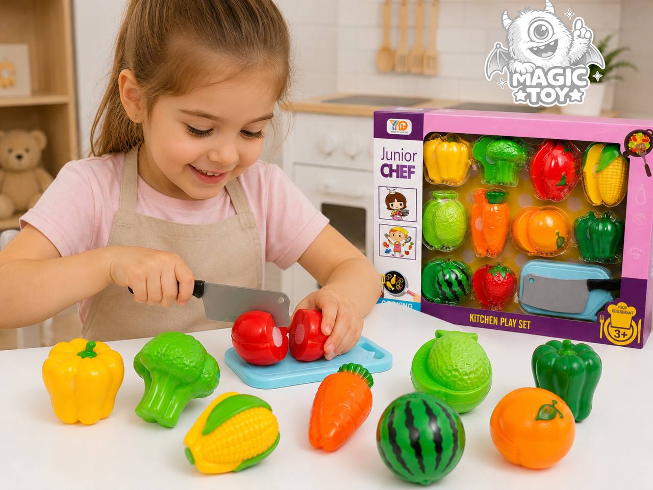 ست میوه و سبزیجات برشی جعبهای مدل Junior Chef کد 095 (۱۰ مدل میوه و صیفیجات قاچشونده چسبی به همراه ساطور سرآشپز و تخته برش)