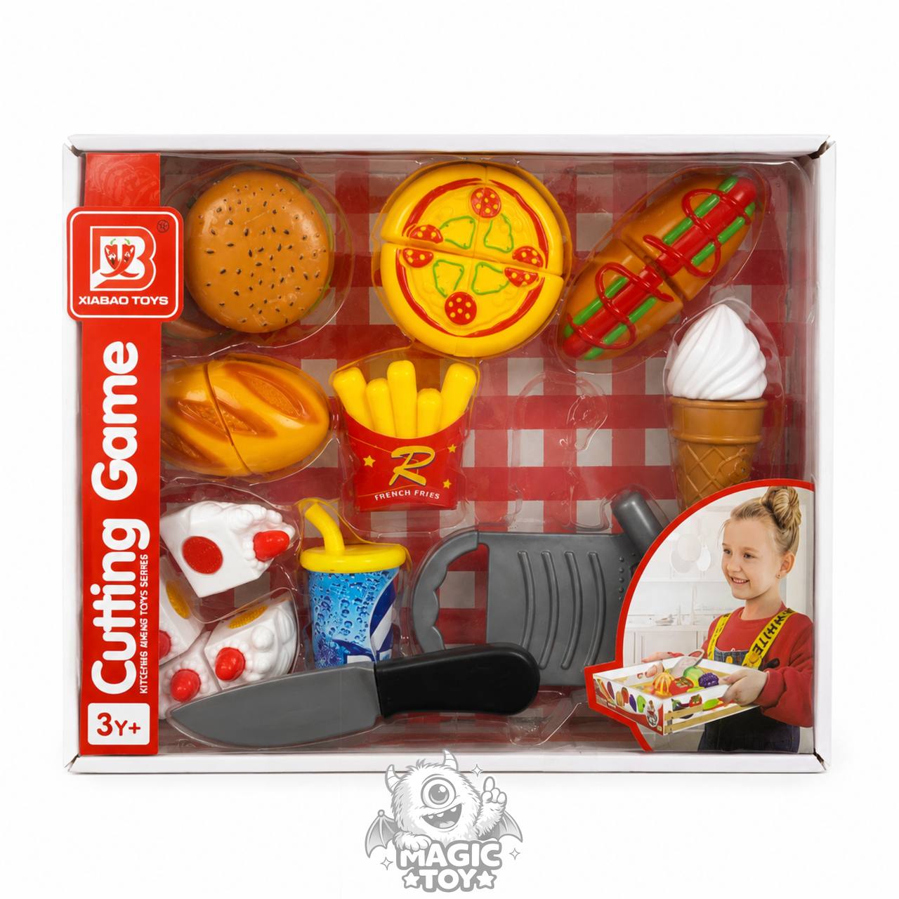 ست اسباب‌بازی فست‌فود برشی جعبه‌ای برند XIABAO TOYS مدل Cutting Game کد 2283 (شامل پیتزا، همبرگر، هات‌داگ، کیک برشی با کاتر غلتکی پیتزا و چاقو)