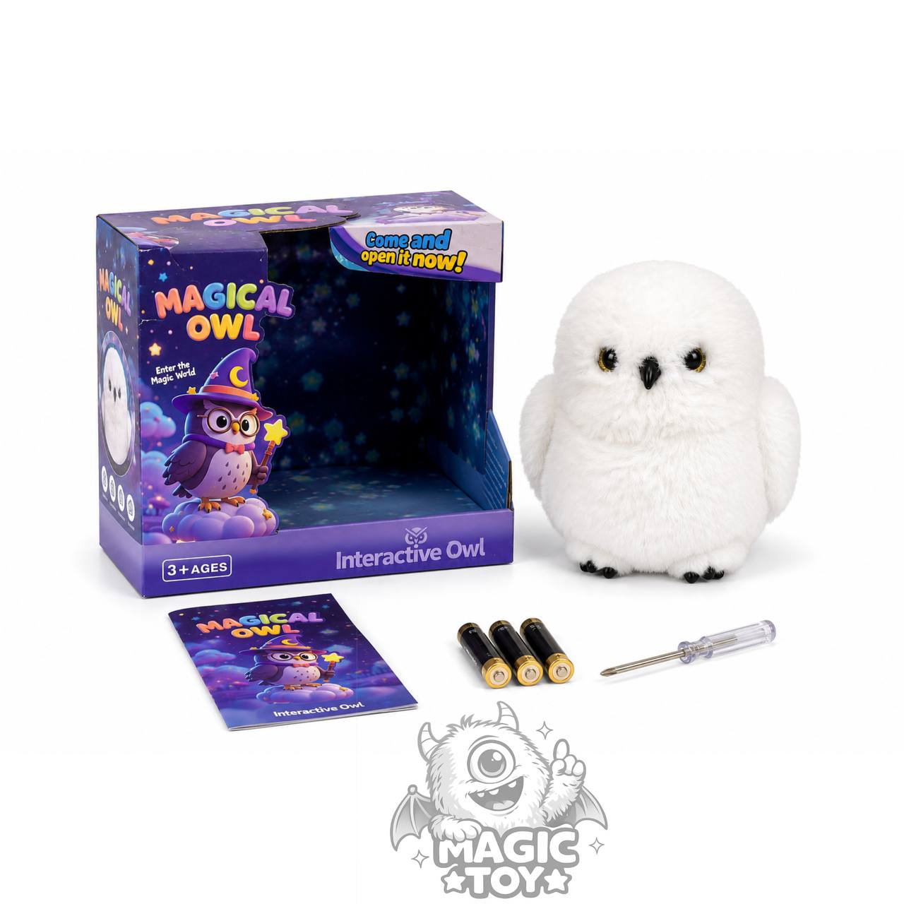 جغد تعاملی و رباتیک موزیکال مدل MAGICAL OWL (عروسک پولیشی جغد برفی سخنگو با سنسور لمسی، بال‌های متحرک و پک کامل باتری)