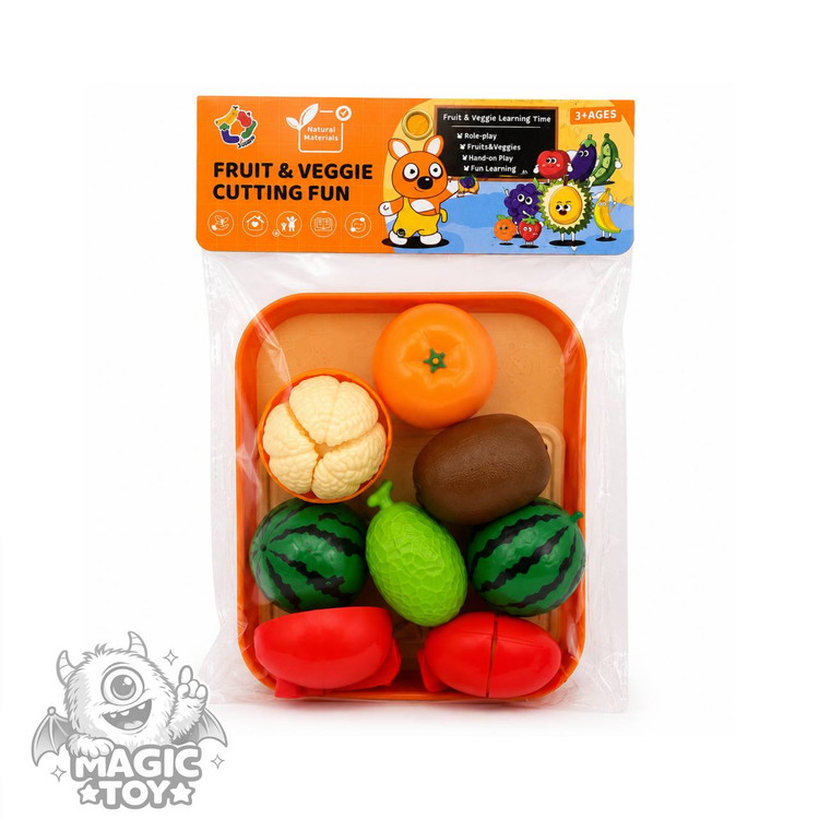 ست میوه برشی و سبزیجات سلفونی مدل Fruit & Veggie Cutting Fun کد 8009 (شامل ۷ میوه قاچشونده با سینی و تخته برش آشپزخانه)