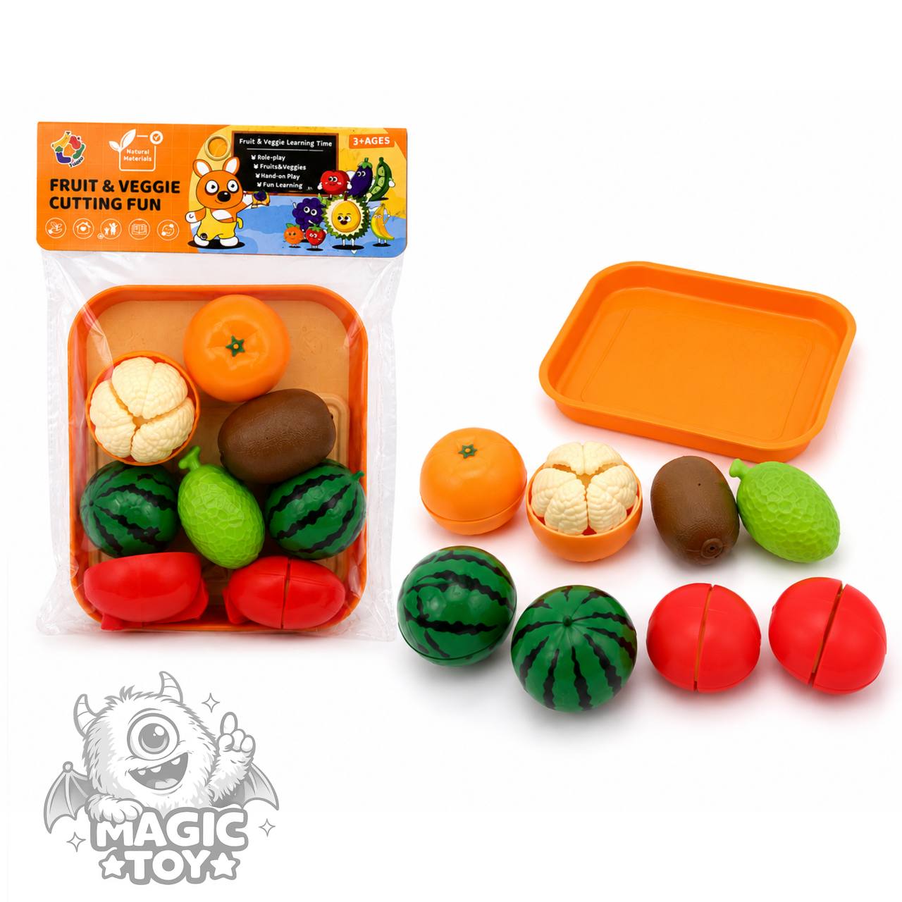 ست میوه برشی و سبزیجات سلفونی مدل Fruit & Veggie Cutting Fun کد 8009 (شامل ۷ میوه قاچ‌شونده با سینی و تخته برش آشپزخانه)