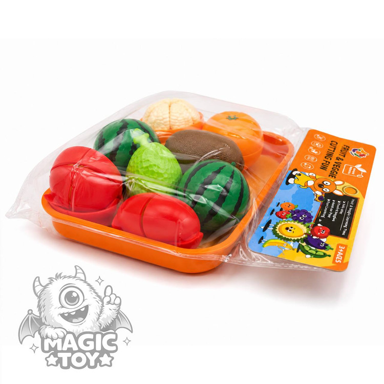 ست میوه برشی و سبزیجات سلفونی مدل Fruit & Veggie Cutting Fun کد 8009 (شامل ۷ میوه قاچشونده با سینی و تخته برش آشپزخانه)