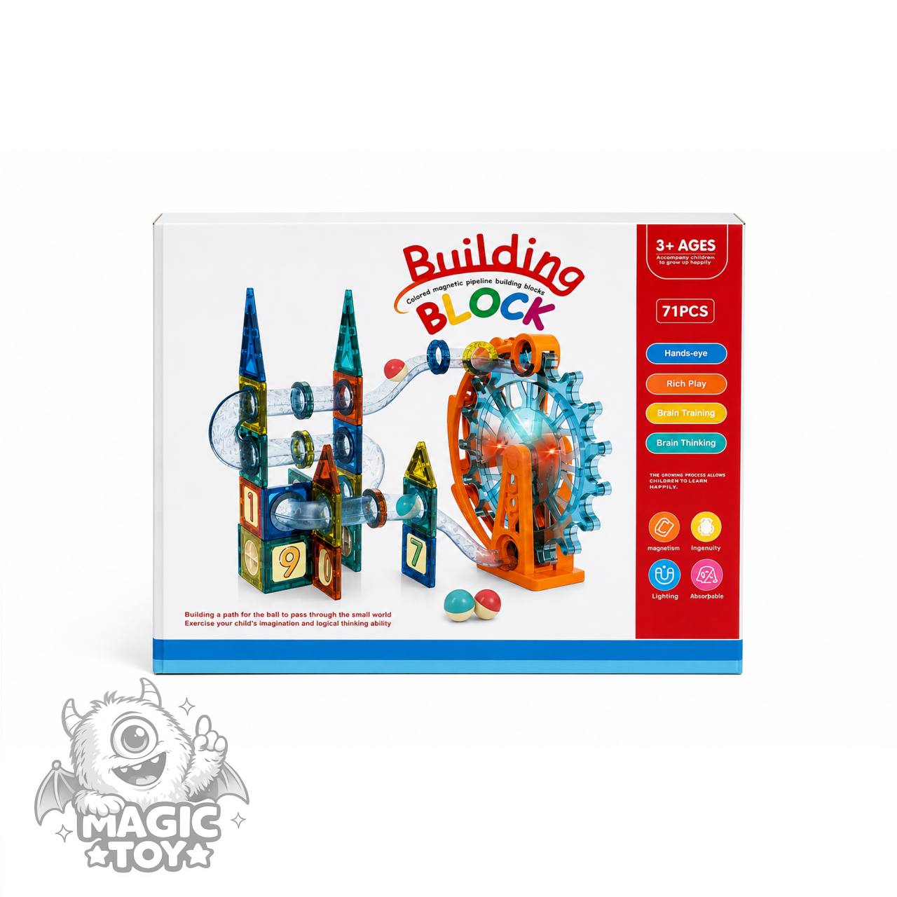 ساختنی مگنت تایل ۷۱ قطعه لوله‌ای و چرخ‌وفلک چراغ‌دار مدل Building Block کد 2326 (پیست توپ ماربل ران مغناطیسی با قطعات شفاف و اعداد آموزشی)