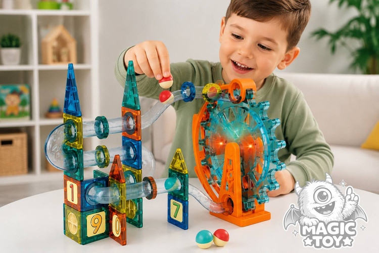ساختنی مگنت تایل ۷۱ قطعه لولهای و چرخوفلک چراغدار مدل Building Block کد 2326 (پیست توپ ماربل ران مغناطیسی با قطعات شفاف و اعداد آموزشی)