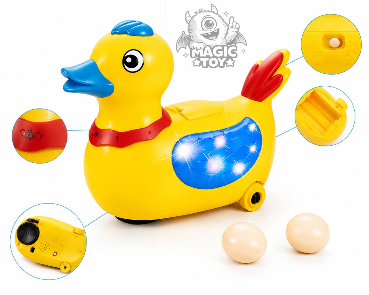 اردک فانتزی تخمگذار موزیکال و چراغدار مدل LAY EGG DUCK کد 2283 (اسباببازی حرکتی سنسوردار ۳۶۰ درجه با نورپردازی بالها و صدای اردک)