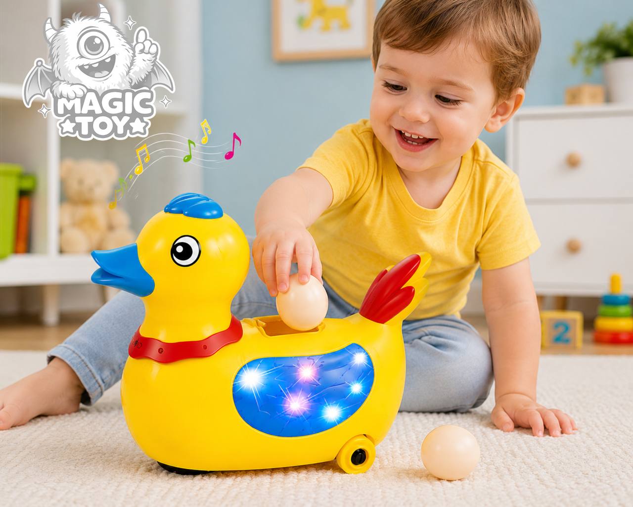 اردک فانتزی تخمگذار موزیکال و چراغدار مدل LAY EGG DUCK کد 2283 (اسباببازی حرکتی سنسوردار ۳۶۰ درجه با نورپردازی بالها و صدای اردک)