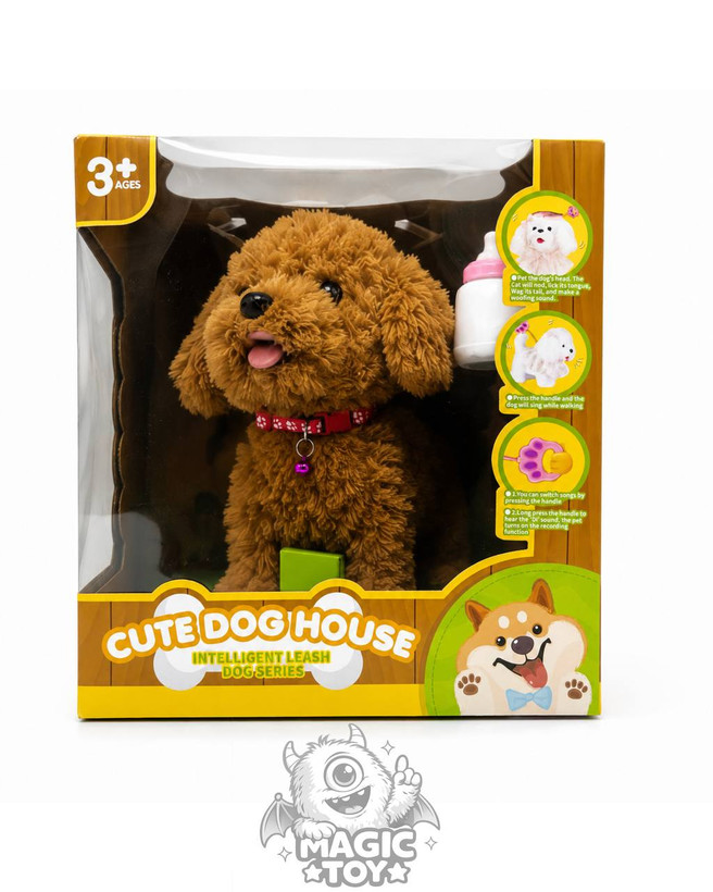 سگ رباتیک پولیشی هوشمند حسگردار و قلادهدار مدل CUTE DOG HOUSE کد 155_933 (پودل قهوهای متحرک با شیشهشیر، سنسور نوازش سر، ضبط صدا و راه رفتن با قلاده پنجهای)