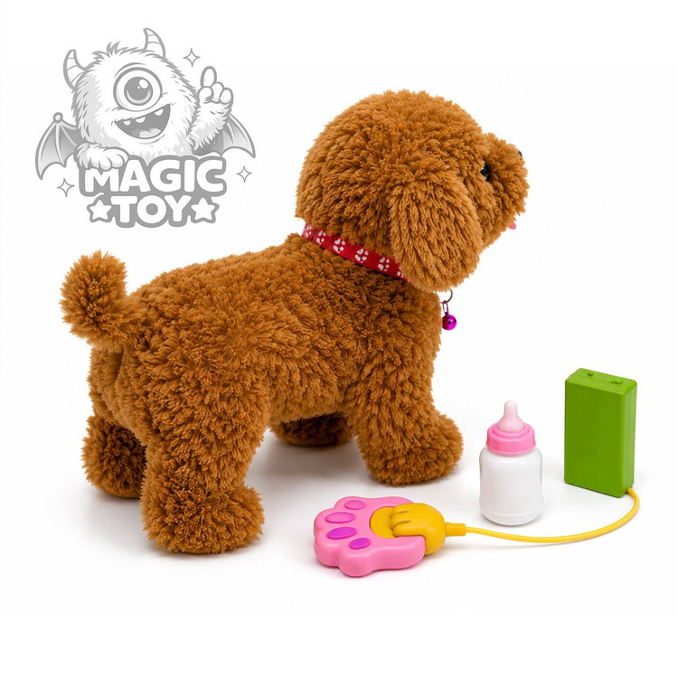 سگ رباتیک پولیشی هوشمند حسگردار و قلادهدار مدل CUTE DOG HOUSE کد 155_933 (پودل قهوهای متحرک با شیشهشیر، سنسور نوازش سر، ضبط صدا و راه رفتن با قلاده پنجهای)